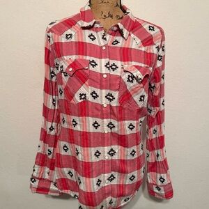 Wrangler Retro Red Aztec Plaid Snap Shirt Medium